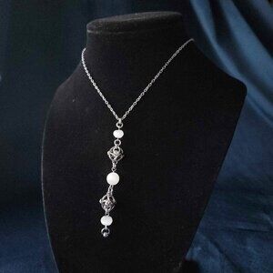 Gothic long Selenite and silver chain mail rosary necklace
